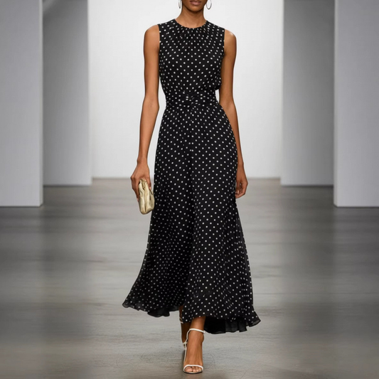 Contrast Waist Polka Dot Maxi Dress