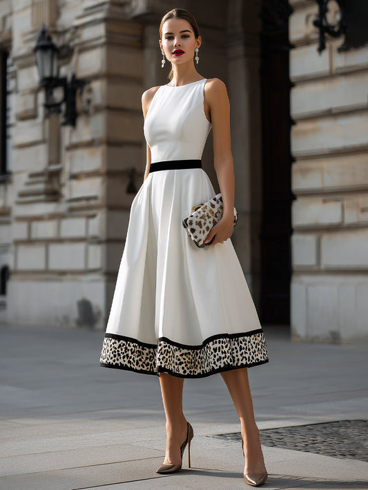 Leopard Trim A-Line Midi Dress