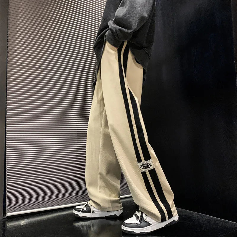 Vintage Loose Wide-Leg Corduroy Pants with Side Stripes