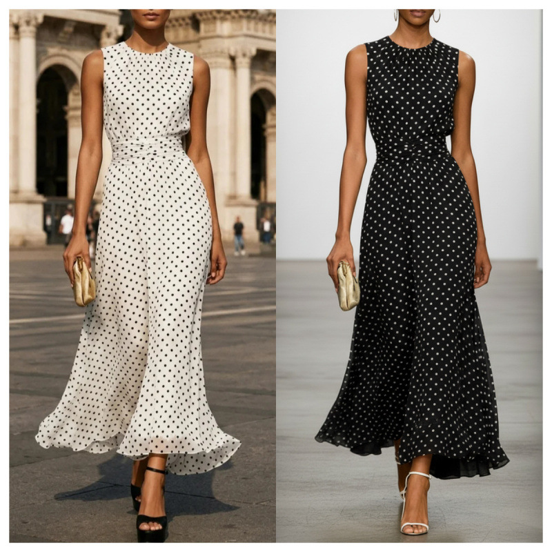 Contrast Waist Polka Dot Maxi Dress