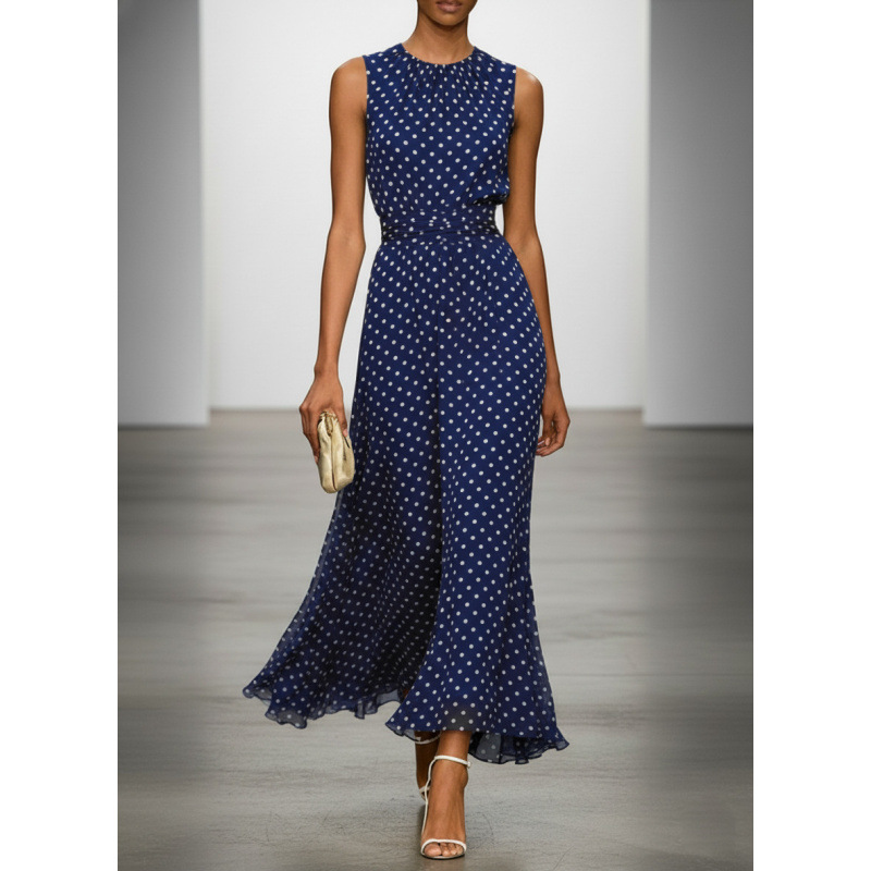 Contrast Waist Polka Dot Maxi Dress