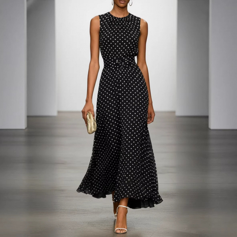 Contrast Waist Polka Dot Maxi Dress