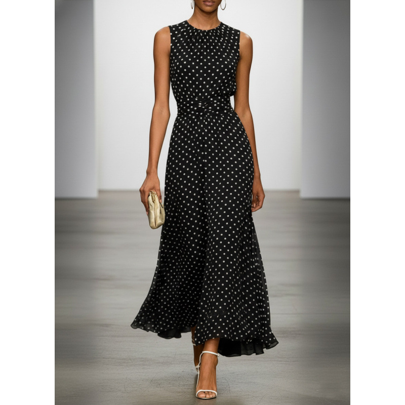 Contrast Waist Polka Dot Maxi Dress
