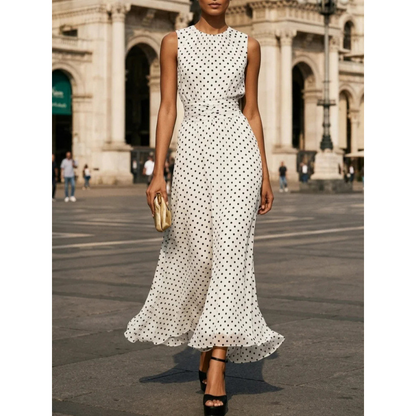 Contrast Waist Polka Dot Maxi Dress