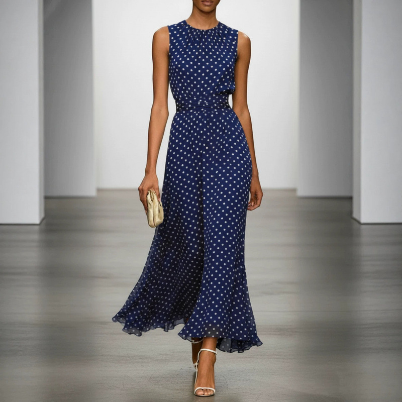Contrast Waist Polka Dot Maxi Dress