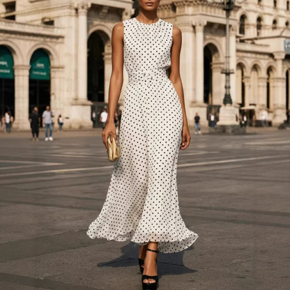 Contrast Waist Polka Dot Maxi Dress