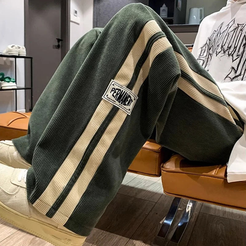 Vintage Loose Wide-Leg Corduroy Pants with Side Stripes