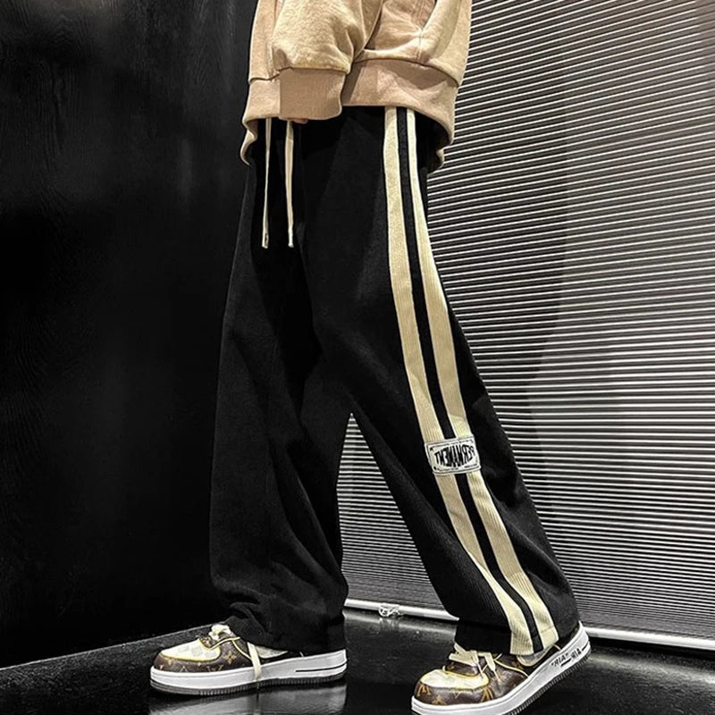 Vintage Loose Wide-Leg Corduroy Pants with Side Stripes