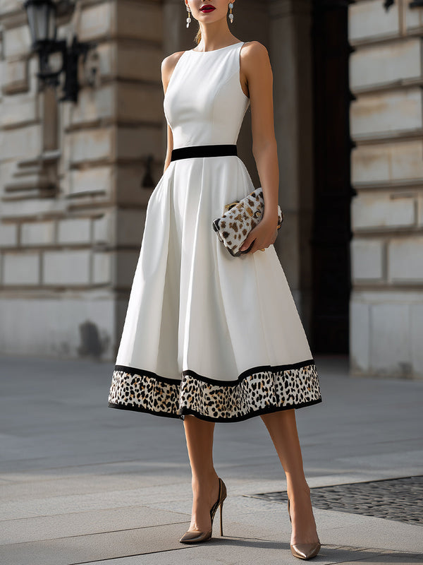 Leopard Trim A-Line Midi Dress