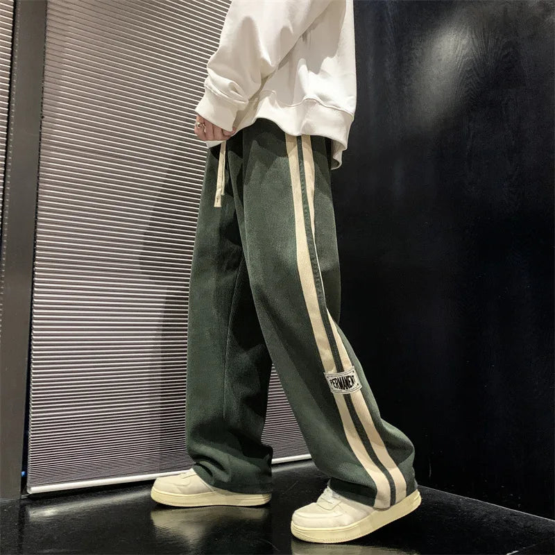 Vintage Loose Wide-Leg Corduroy Pants with Side Stripes