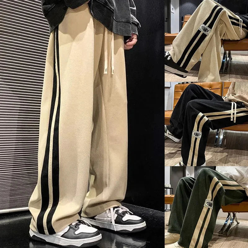Vintage Loose Wide-Leg Corduroy Pants with Side Stripes