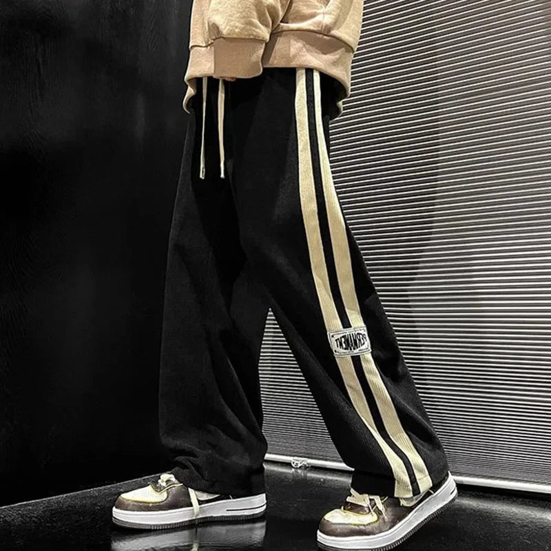 Vintage Loose Wide-Leg Corduroy Pants with Side Stripes